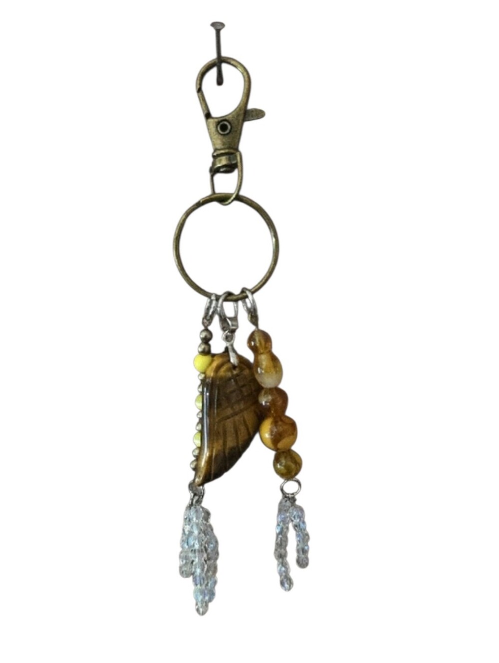 Hand Crafted Bag Charm Or Key Holder  Amber Wing Beaded - Yellow, Clear, Brown